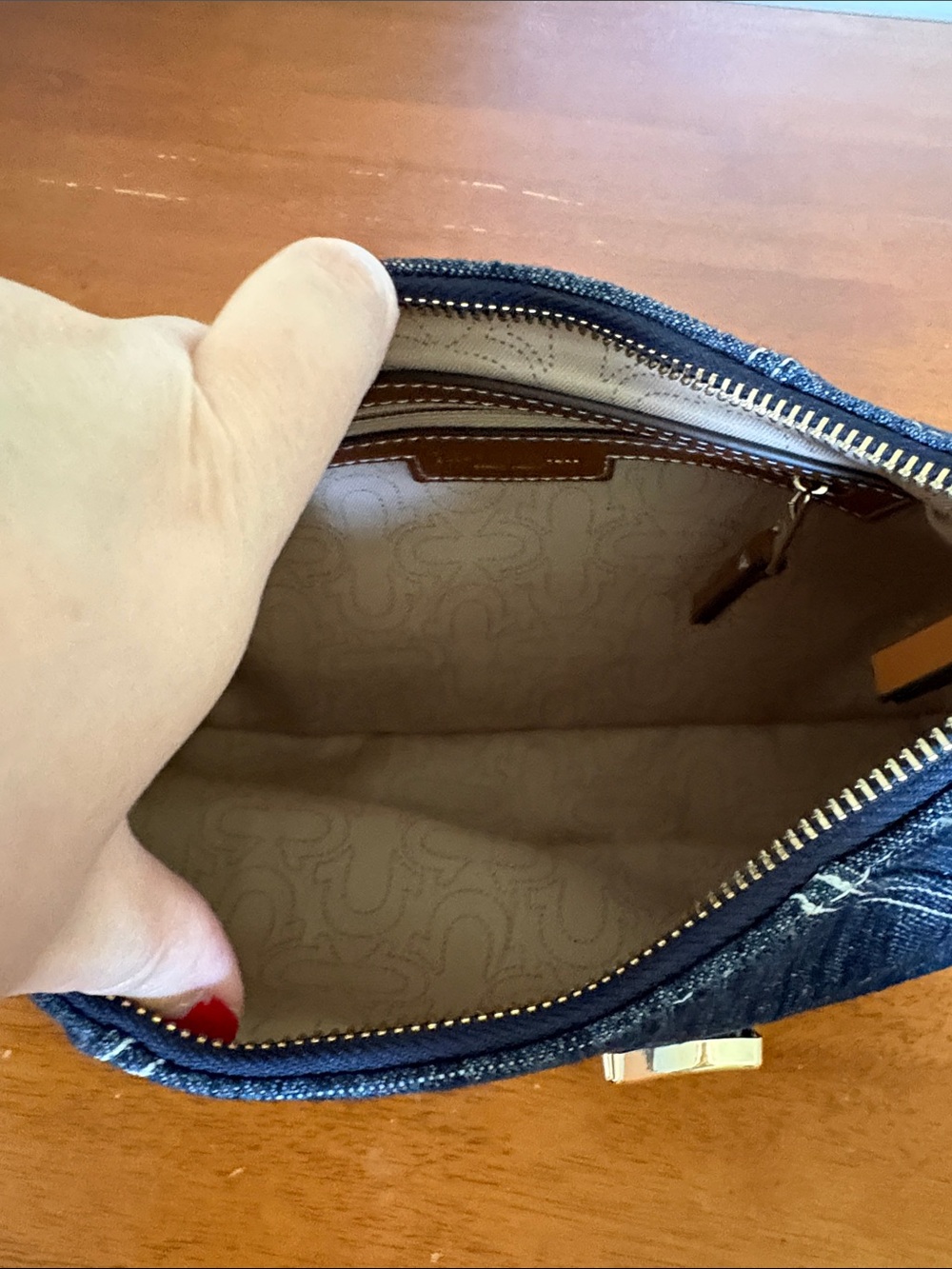 True Religion Denim Hobo Shoulder Bag in Dark Blue with Brown Trim - Picture 6 of 7